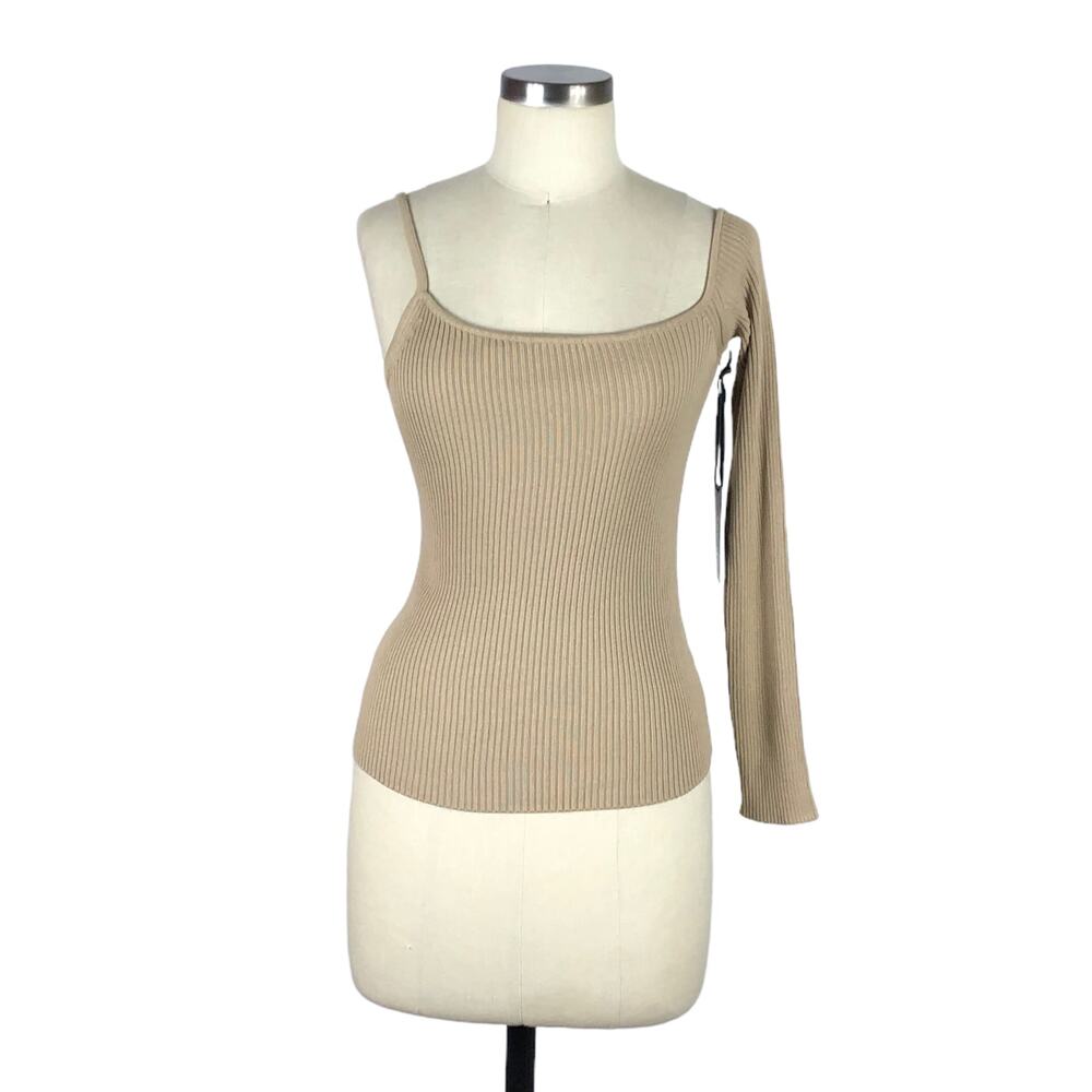 H:OURS Tan Ribbed Stretch One Sleeve Top Size Medium NWT‎ Revolve